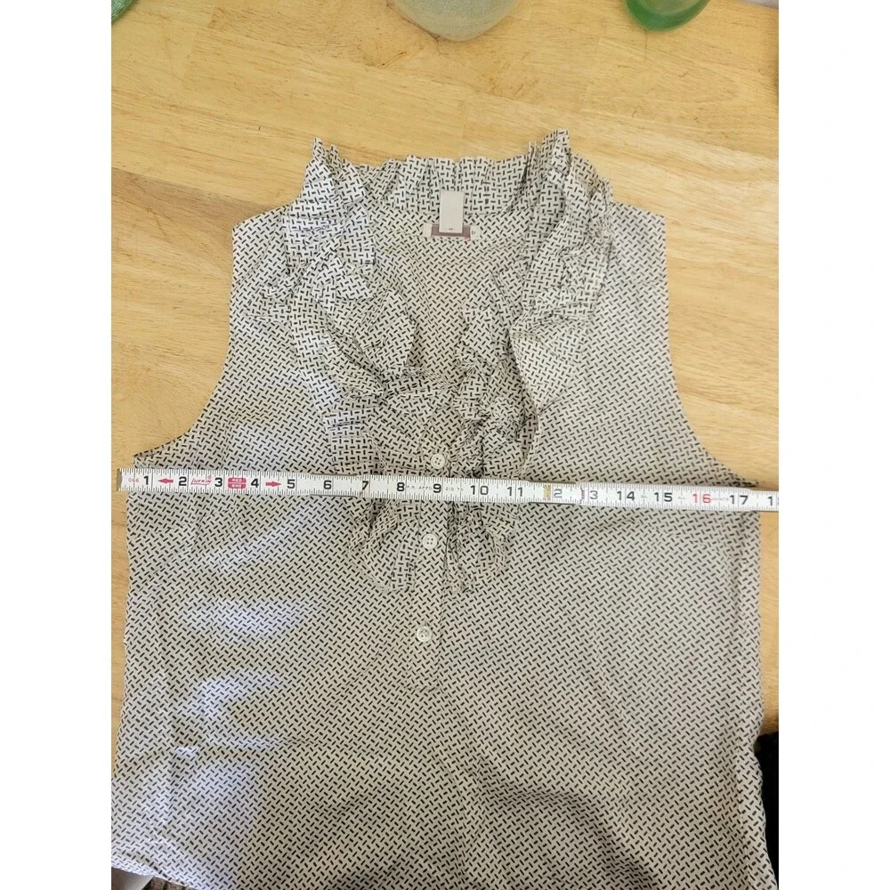J.CREW White/Blue Geometric Silk V-Neck Sleeveless Ruffle Button Blouse 6